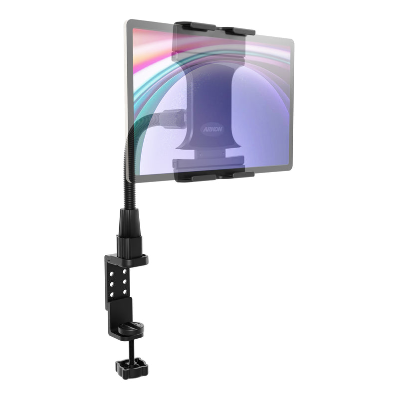 The Slim-Grip® Ultra Pro POS Tablet Mount with 12” Gooseneck Clamp securely holds a tablet with its black adjustable clamp, featuring a visible flexible gooseneck arm attached to the edge of a table or desk, while the tablet screen displays colorful curved lines.