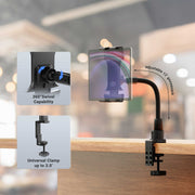 The Slim-Grip® Ultra Pro POS Tablet Mount with 12” Gooseneck Clamp features a flexible, adjustable tablet holder with a full 360° swivel and a sturdy 12-inch gooseneck arm that securely clamps to desks or counters. Insets highlight the robust clamp (compatible with surfaces up to 3 inches thick) and the smooth swivel mechanism—making it an ideal solution as a POS tablet mount or retail tablet stand for versatile use in any workspace.