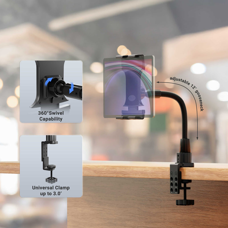 The Slim-Grip® Ultra Pro POS Tablet Mount with 12” Gooseneck Clamp features a flexible, adjustable tablet holder with a full 360° swivel and a sturdy 12-inch gooseneck arm that securely clamps to desks or counters. Insets highlight the robust clamp (compatible with surfaces up to 3 inches thick) and the smooth swivel mechanism—making it an ideal solution as a POS tablet mount or retail tablet stand for versatile use in any workspace.