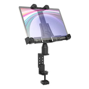 The LockVise™ Locking POS Tablet Mount with Clamp Mount is shown holding a tablet in a black adjustable metal clamp attached to a desk, set against a white background. This locking mount provides enhanced convenience and durability, making it the perfect anti-theft tablet holder for secure workspaces.