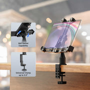 The LockVise™ Locking POS Tablet Mount with Clamp Mount is secured to a desk edge using its universal clamp. Inset highlights showcase its 360° swivel capability and adjustable clamp that opens up to 3 inches, allowing for versatile positioning. Designed as an anti-theft tablet holder, it provides enhanced security for your device, all presented against a softly blurred indoor background.