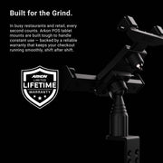 A sturdy LockVise™ Locking POS Tablet Mount with Clamp Mount is shown, with text highlighting its durability, reliability, and limited lifetime warranty for business use. Featuring a robust anti-theft tablet holder design, it ensures your device stays secure at all times. A white shield-shaped warranty badge stands out against the black background.