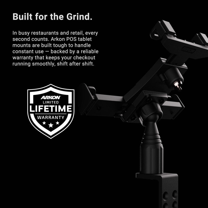 A sturdy LockVise™ Locking POS Tablet Mount with Clamp Mount is shown, with text highlighting its durability, reliability, and limited lifetime warranty for business use. Featuring a robust anti-theft tablet holder design, it ensures your device stays secure at all times. A white shield-shaped warranty badge stands out against the black background.