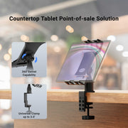The Slim-Grip® Ultra Pro POS Tablet Mount with 4″ Arm is shown with a clamped base for secure countertop installation. Inset images highlight its 360° swivel feature and universal clamp, accommodating surfaces up to 3 inches thick. This adjustable mount is perfect for diverse point-of-sale setups. Text reads, Countertop Tablet Point-of-Sale Solution.
