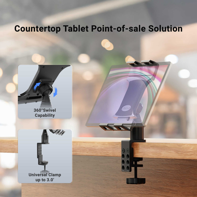 The Slim-Grip® Ultra Pro POS Tablet Mount with 4″ Arm is shown with a clamped base for secure countertop installation. Inset images highlight its 360° swivel feature and universal clamp, accommodating surfaces up to 3 inches thick. This adjustable mount is perfect for diverse point-of-sale setups. Text reads, Countertop Tablet Point-of-Sale Solution.