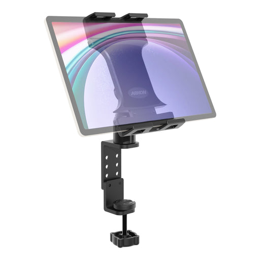 The Slim-Grip® Ultra Pro POS Tablet Mount with 4″ Arm, featuring a black adjustable clamp stand that attaches to the edge of a table or desk, serves as a versatile adjustable tablet holder for convenient hands-free use.