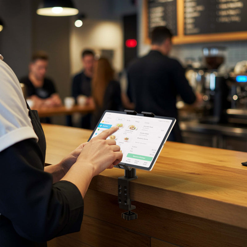 A person uses the Slim-Grip® Ultra Pro POS Tablet Mount with 4″ Arm on a wooden cafe counter to take an order, with a blurred background of customers and baristas in a coffee shop.