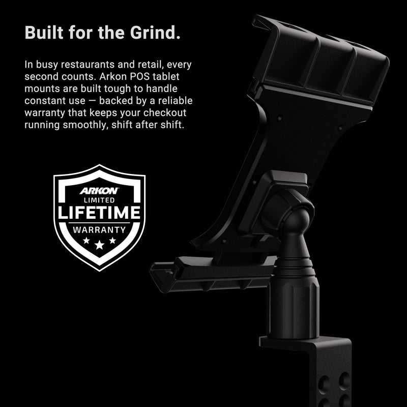Black Slim-Grip® Ultra Pro POS Tablet Mount with 4″ Arm, featuring a universal tablet holder and the Arkon Lifetime Warranty logo, with text highlighting its durability and reliability for busy retail and restaurant environments.