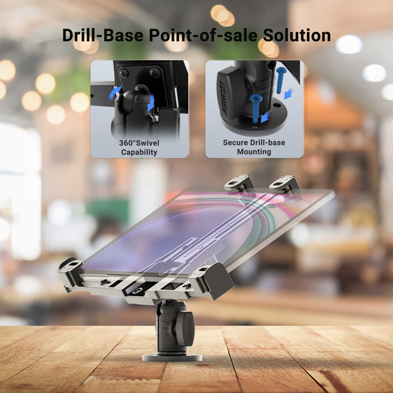 LockVise™ POS Drill-Base Locking Tablet Mount displayed on a counter, featuring 360° swivel functionality and a secure drill-base design, with close-up images highlighting the mount’s locking features.