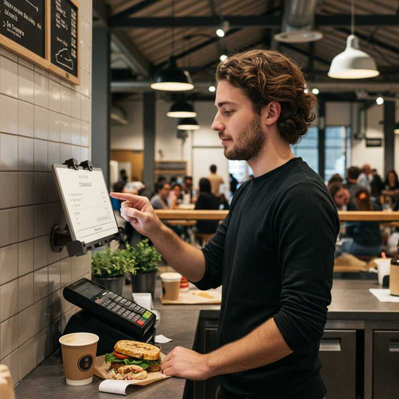 tablet mounted on a wall being used for a POS system at a restaurant