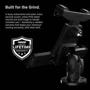 A sturdy black LockVise™ POS Drill-Base Locking Tablet Mount is shown with text describing its durability for busy retail use, featuring a secure locking tablet mount design and a badge highlighting a limited lifetime warranty.