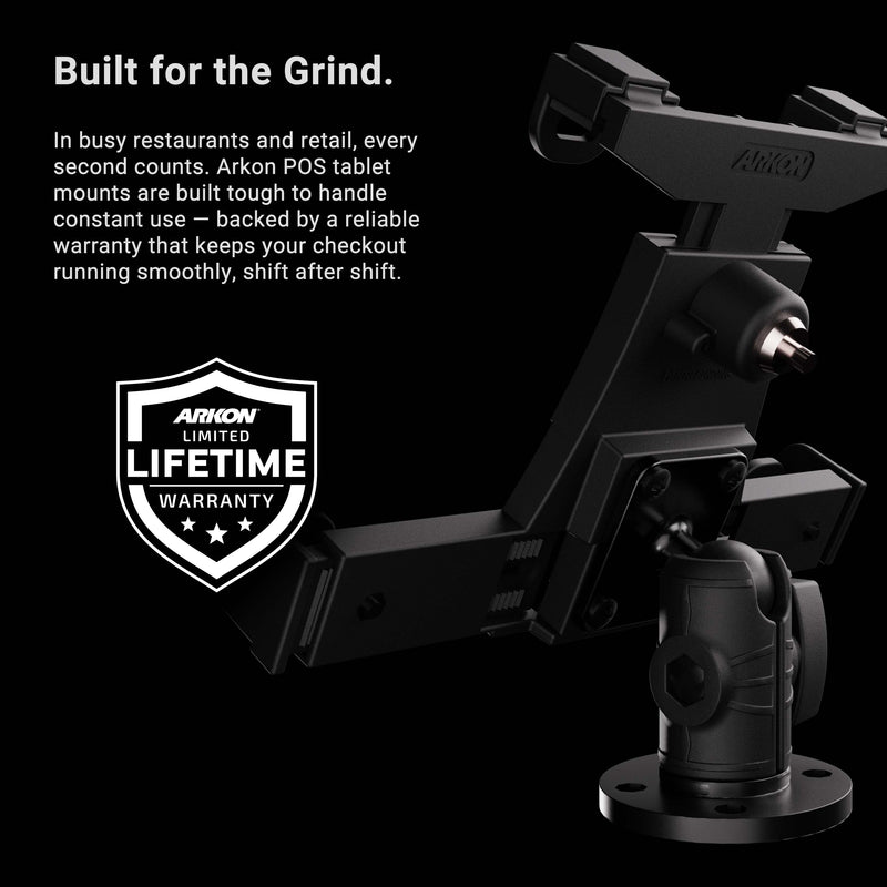 A sturdy black LockVise™ POS Drill-Base Locking Tablet Mount is shown with text describing its durability for busy retail use, featuring a secure locking tablet mount design and a badge highlighting a limited lifetime warranty.