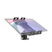 Introducing the Slim-Grip® Ultra Pro POS Drill-Base Tablet Mount—a sleek black adjustable holder featuring a rotating base and customizable clamps, designed to securely support your tablet at an inclined angle. Its partially transparent construction allows for clear visibility of your device’s position while maintaining a modern, functional aesthetic perfect for any point-of-sale environment.