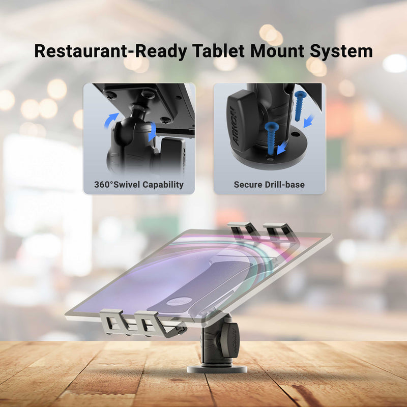 Slim-Grip® Ultra Pro POS Drill-Base Tablet Mount displayed with a mounted tablet. Insets provide a close-up of the 360° swivel feature and the secure drill-base, emphasizing its function as an adjustable tablet holder. Text reads: Restaurant-Ready Slim-Grip® Ultra Pro POS Tablet Mount System. Blurred restaurant background.