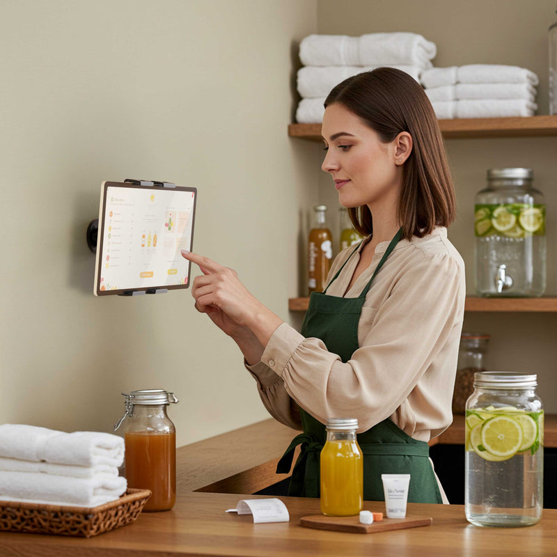 A woman in an apron uses the Slim-Grip® Ultra Pro POS Drill-Base Tablet Mount, wall-mounted in a spa-like setting with towels, infused water, and jars of skincare products on the counter.