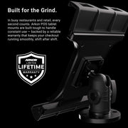 Close-up of a black Slim-Grip® Ultra Pro POS Drill-Base Tablet Mount with text highlighting its durability and lifetime warranty for restaurant and retail use. The Arkon Limited Lifetime Warranty badge is also visible, making it an ideal POS tablet mount for busy commercial environments.