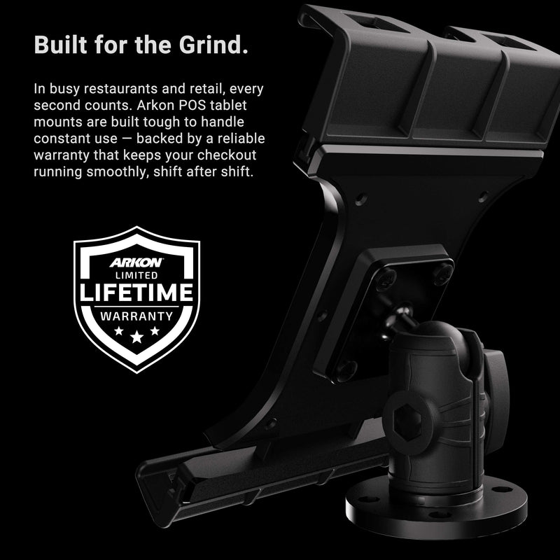 Close-up of a black Slim-Grip® Ultra Pro POS Drill-Base Tablet Mount with text highlighting its durability and lifetime warranty for restaurant and retail use. The Arkon Limited Lifetime Warranty badge is also visible, making it an ideal POS tablet mount for busy commercial environments.