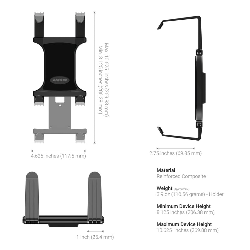 The Portable Mobile Printer Car & Truck Mount with Drill Base for Zebra, Epson, Brother Printers is black, adjustable (8.125–10.625” H x 4.625” W x 2.75” D), made of reinforced composite, weighs 3.9 oz; side/top views show size details.