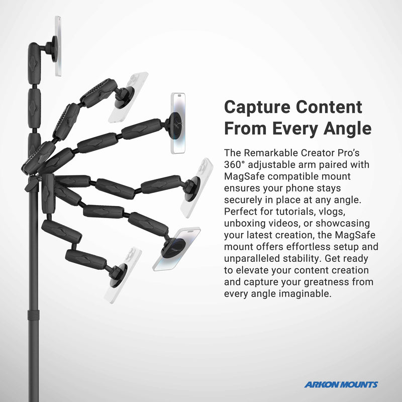 The Remarkable Creator™ Pro Mount with MagSafe Compatible Holder is a black adjustable arm mount that securely holds your smartphone at a range of angles, showcasing its 360° versatility—making it the perfect phone mount for capturing creative content. Designed specifically for creators and content makers, its features shine when used as an overhead camera mount, enabling dynamic and professional shots with ease.