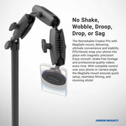A black Remarkable Creator™ Cookie Decorators Mount with MagSafe Holders is shown securing a smartphone. Emphasizing stability and convenience for filming, the text highlights that there is no shake, wobble, or droop—making it an ideal content creation stand. The Arkon Mounts logo appears at the bottom right.