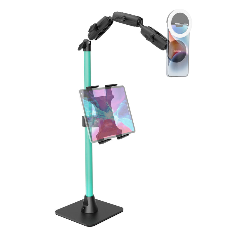Introducing the Remarkable Creator™ Pro+Plus Mount with MagSafe Compatible Holder: an adjustable stand featuring a teal pole, black base, and two mounts—holding both a tablet and a smartphone. The mounts are attached to flexible arms for multiple viewing angles, making it the perfect content creator mount or adjustable overhead camera mount for truly versatile setups.