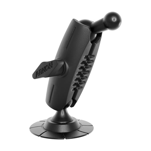 A black Adhesive Mounting Pedestal - 17mm Ball Compatible with a round base and a lever labeled ARKON, designed for holding devices. This ARKON model features a jointed arm and ball socket for flexible positioning, making it an ideal adhesive mounting pedestal or phone mount for car use.