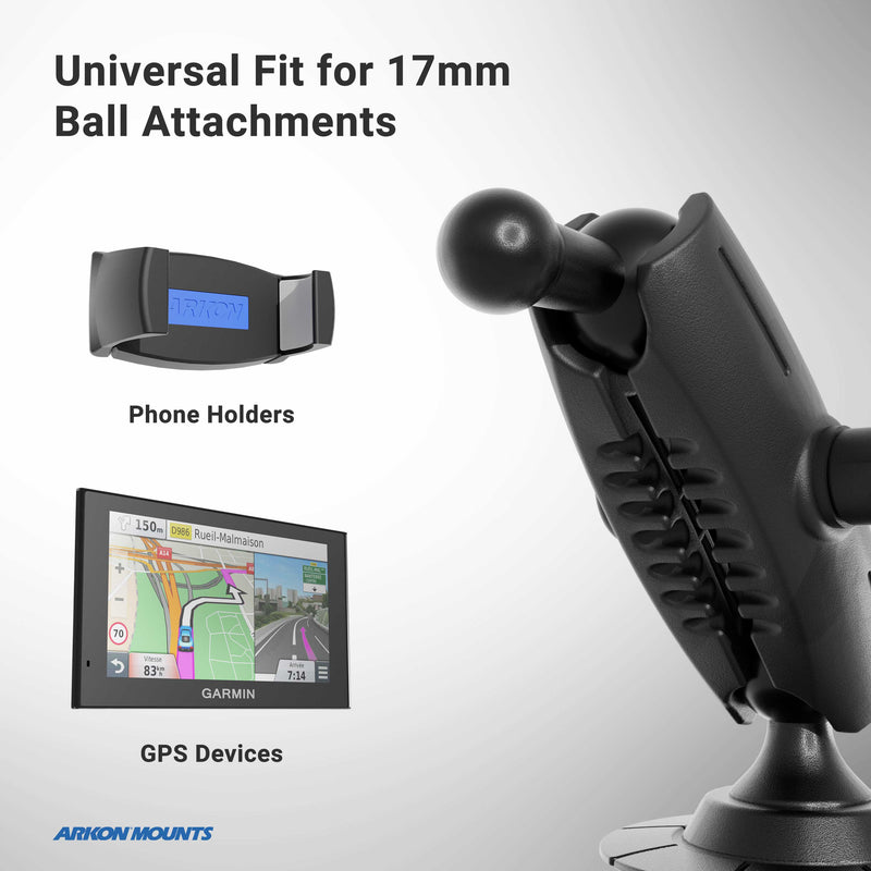 Universal phone holder and GPS device shown with a 17mm ball attachment mount—ideal as a phone mount for car setups. Text reads: Universal Fit for 17mm Ball Attachments. ARKON Mounts logo at the bottom highlights compatibility with the Adhesive Mounting Pedestal - 17mm Ball Compatible.