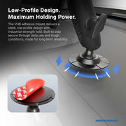 Introducing the Adhesive Mounting Pedestal - 17mm Ball Compatible, this car phone mount features an ARKON Mounts adhesive pedestal with a round adhesive base that securely attaches to your dashboard. Arrows highlight its powerful grip, while a close-up inset displays the adhesive with its red cover partially peeled back. Text emphasizes its low-profile yet strong design.