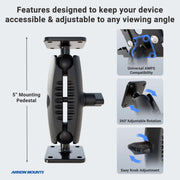 Close-up of the Drill-Base Mount with AMPS Mounting Pattern in black, highlighting its labeled features: secure drill-base mounting for devices, universal AMPS compatibility, 360° adjustable rotation, and easy knob adjustment. Arkon Mounts logo appears at the bottom left.