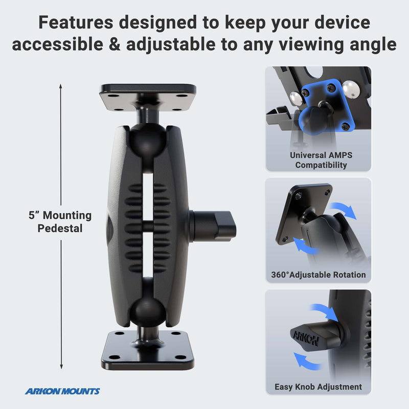 Close-up of the Drill-Base Mount with AMPS Mounting Pattern in black, highlighting its labeled features: secure drill-base mounting for devices, universal AMPS compatibility, 360° adjustable rotation, and easy knob adjustment. Arkon Mounts logo appears at the bottom left.