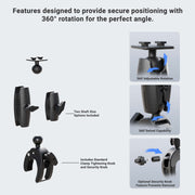 An infographic showcases the Robust Clamp Mount with Security Knob - Dual T-Tab Compatible, featuring two shaft sizes, clamp tightening and security knobs, 360° adjustable rotation, 360° swivel capability, and an optional security knob.