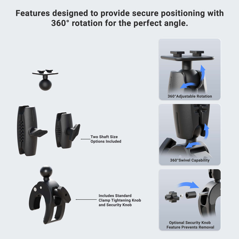 An infographic showcases the Robust Clamp Mount with Security Knob - Dual T-Tab Compatible, featuring two shaft sizes, clamp tightening and security knobs, 360° adjustable rotation, 360° swivel capability, and an optional security knob.