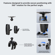 Diagram of the Robust Clamp Mount with Security Knob – 4-Hole AMPS Compatible, showing two shaft sizes, clamp and security knobs, and labeled close-ups of each feature plus 360° rotation and swivel for secure positioning.