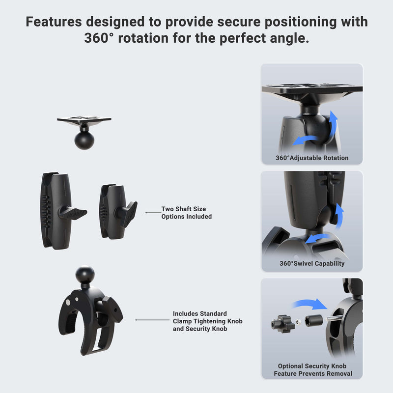 Diagram of the Robust Clamp Mount with Security Knob – 4-Hole AMPS Compatible, showing two shaft sizes, clamp and security knobs, and labeled close-ups of each feature plus 360° rotation and swivel for secure positioning.