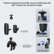 Instructional graphic showcasing the Robust Clamp Camera Mount with Security Knob, featuring 360° adjustable rotation, two shaft sizes, a standard tightening knob, and an optional security knob for added protection against removal.