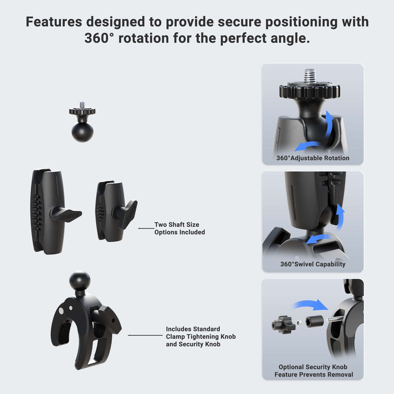 Instructional graphic showcasing the Robust Clamp Camera Mount with Security Knob, featuring 360° adjustable rotation, two shaft sizes, a standard tightening knob, and an optional security knob for added protection against removal.
