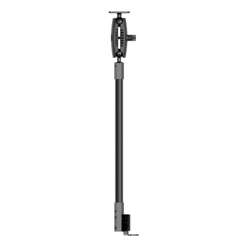 The 18” Seat Rail Mount with AMPS Mounting Pattern features a metal top and base, offering a vertical metallic support rod with an adjustable clamp at the bottom and a 4-hole AMPS mount at the top—perfect for securely holding equipment as a reliable vehicle device mount.