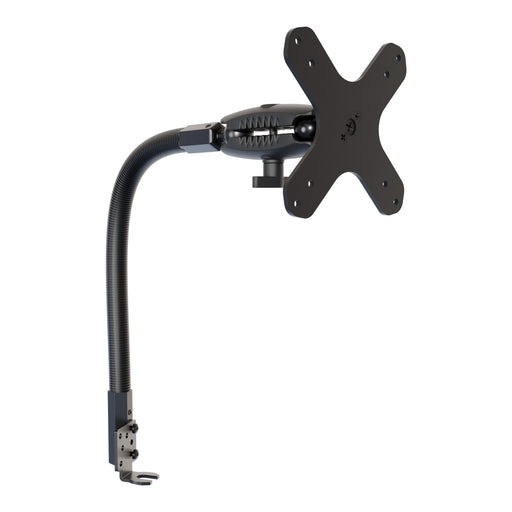 18″ Seat Rail Mount with VESA Mounting Pattern featuring a flexible, corrugated neck and a clamp base for secure attachment, equipped with a VESA-compatible plate for monitors or screens—making it an ideal solution for vehicle mounting as well as office use.