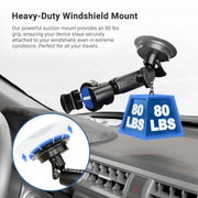 The RoadVise® Phone Holder with Suction Mount and Adjustable Arm is shown on a car dashboard, supporting up to 80 lbs. Text highlights its powerful suction for secure phone mounting while traveling.