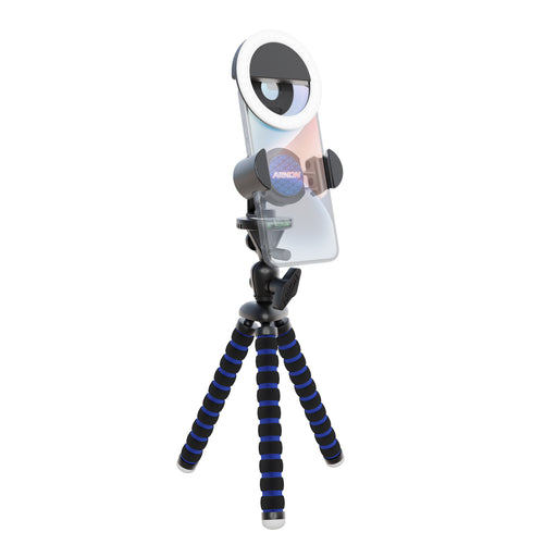 The RoadVise® Tripod and Ring Light Bundle features a smartphone mount on a flexible tripod with black and blue legs, phone holder, clip-on LED ring light, and secure clip—perfect for photography or video recording.