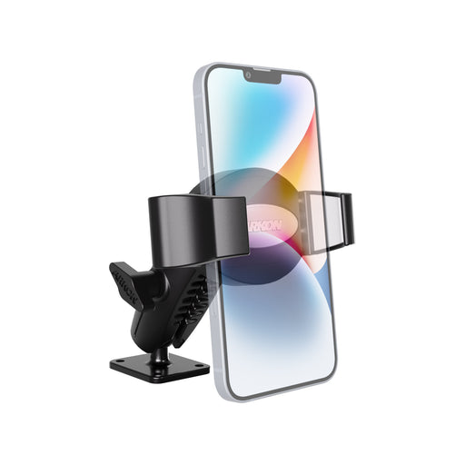 The RoadVise® Ultra Pro Phone Holder 5” AMPS Drill-Base Mount, shown isolated on a white background, securely holds a smartphone with a colorful screen. This heavy-duty black device mount features an adjustable design and a rotating base for versatile positioning.