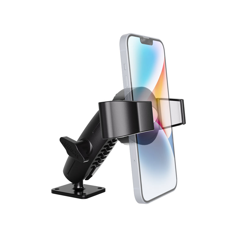 A RoadVise® Ultra Pro Phone Holder 5” AMPS Drill-Base Mount in black securely holds a smartphone with a colorful screen. This heavy-duty device mount features a sturdy drill-base and a locking mechanism for attaching to flat surfaces. The background is white.