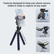 The 11 inch Tripod with RoadVise® Phone Holder Mount for Video features 360° adjustable rotation, an easy-lock quick release system, built-in bubble level, and a flexible stand—ideal for content creators.