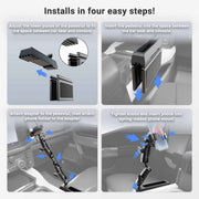 Four-step visual guide demonstrating how to install the Car Seat Wedge RoadVise® Ultra Phone Holder with Dual Shaft Arms between a car seat and console in heavy-duty trucks, with arrows illustrating each step: adjusting, inserting the wedge, attaching and tightening the mount, and placing a phone securely in the RoadVise® holder.