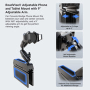 Car Seat Wedge RoadVise® Ultra Phone Holder with Dual Shaft Arms features a 9″ adjustable arm that fits securely between your truck’s seat and console. Insets highlight its customizable fit, 360° phone rotation, and a practical storage compartment in the tray—making it a dependable phone mount for trucks to keep your device within reach while driving.