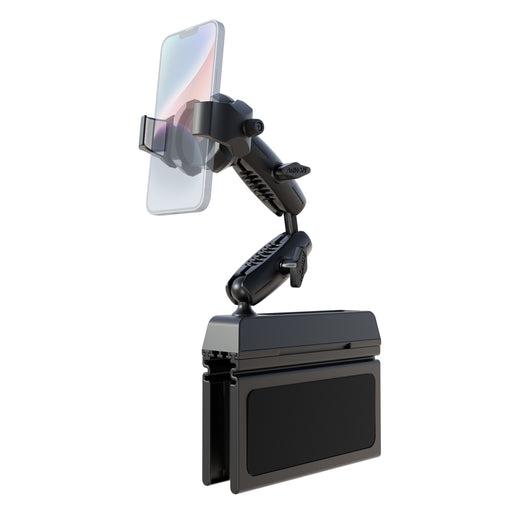 The Car Seat Wedge RoadVise® Ultra Phone Holder with Dual Shaft Arms features an adjustable, multi-jointed arm mounted atop a rectangular base, securely holding a smartphone upright. Its flexible design makes it an ideal, convenient solution for drivers seeking stability and ease of use on the road.