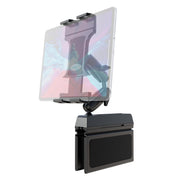 The Heavy-Duty Truck Console Wedge Slim-Grip® Ultra Pro Tablet Holder features a clamp that attaches securely to a flat surface. Its adjustable Slim-Grip Ultra Pro Holder keeps your tablet in place, shown partially transparent, with a flexible joint for easy angle adjustments.