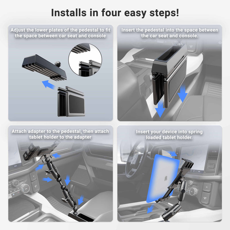 Four-step guide showing how to install the Heavy-Duty Truck Console Wedge Slim-Grip® Ultra Pro Tablet Holder in your vehicle: adjust the lower plates, insert the pedestal, attach the Slim-Grip® Ultra Pro Holder and adapter, then place your device into the holder. Ideal for heavy-duty truck console wedge installations.