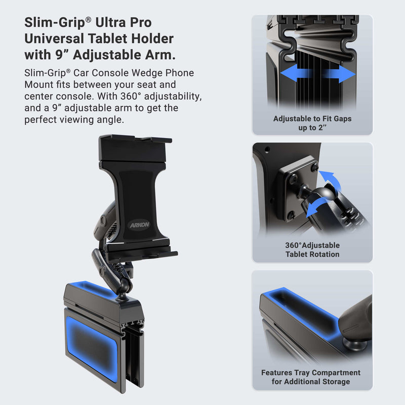 Shown in three views—adjustable fit gap, 360° rotation, and tray compartment—the Heavy-Duty Truck Console Wedge Slim-Grip® Ultra Pro Tablet Holder provides flexible positioning and extra storage between car seats. Its heavy-duty truck console wedge design makes it the ideal tablet holder for trucks.