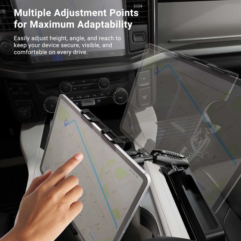 A hand interacts with a tablet mounted in a car, displaying a map. Featuring the Heavy-Duty Truck Console Wedge Slim-Grip® Ultra Pro Tablet Holder, this mount offers multiple adjustment points for optimal positioning. Text on the image highlights secure, visible, and comfortable device placement while driving—making it an ideal Tablet Holder for trucks or everyday vehicles alike.